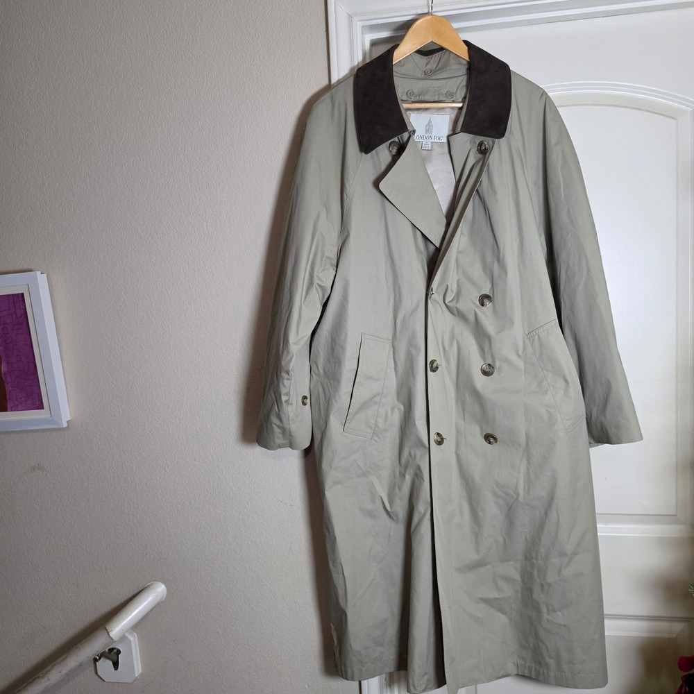 London Fog Mens Khaki Double Breasted Trench Coat Suede Collar 40 Short Tan